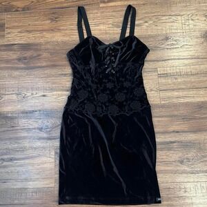 Vintage Black Velvet Corset Dress Lace Bust Embroidered Fitted 2 Whimsygoth Goth